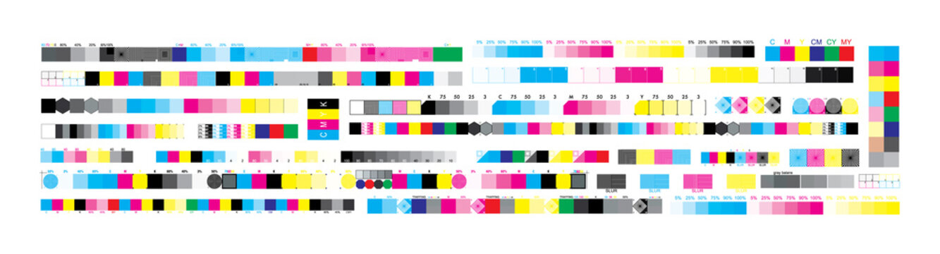 CMYK print test control scales. Vector set color bar CMYK and test chart offset. Print control strips color cmyk for prepress and print.
