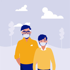 Father and son with mask at park vector design