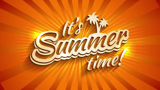 its summer time written with 3d typography with palm trees and sparkles over a sunny background with ray lights directed to the center