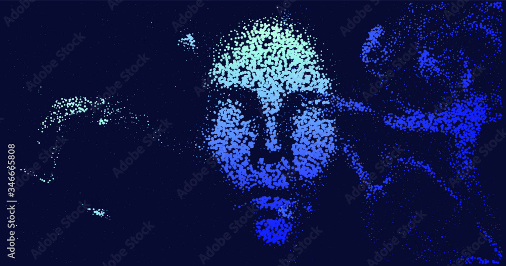 Poster Human head made of partices on dark background. Face made with generative computer art algorithm. Concept of artificial intelligence, identification and recognition systems.