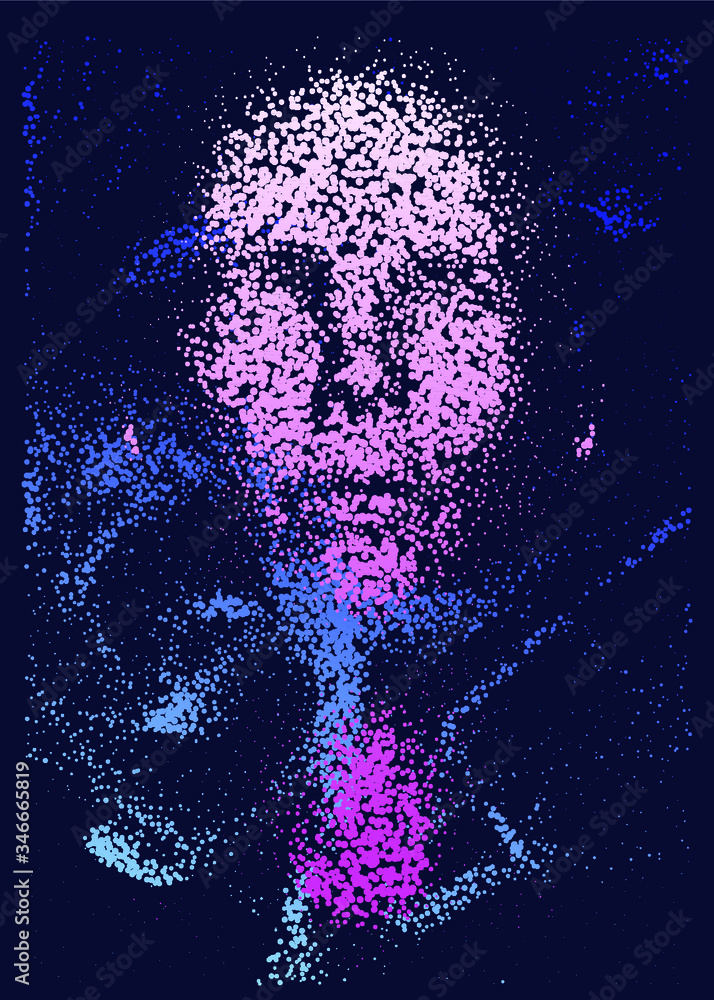 Aufkleber Human head made of partices on dark background. Face made with generative computer art algorithm. Concept of artificial intelligence, identification and recognition systems.