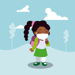 Girl kid cartoon with mask and school bag at park vector design