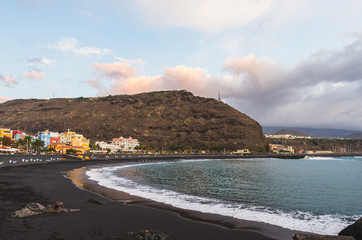 Purto de Tazacorte beach and town at sunset in La Palma