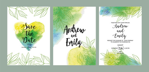 Set of wedding floral invitation, Save the Date card template. Green leaves and eucalyptus branches wreath and watercolor background