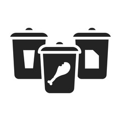 Garbage sorting: paper, glass, food black glyph icon. Waste recycling. Pictogram for web page, mobile app, promo.