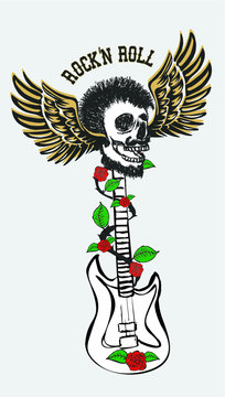 Tattoo tribal Hand drawing winged skull and guitar print embroidery graphic design vector art