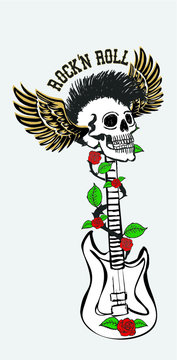 Tattoo tribal Hand drawing winged skull and guitar print embroidery graphic design vector art