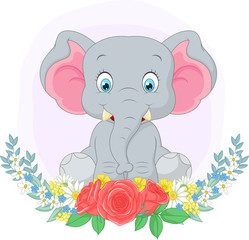 Obraz na płótnie Canvas Cartoon cute elephant sitting with flowers background