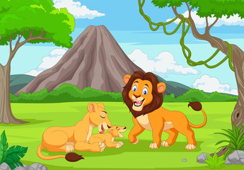 Obraz na płótnie Canvas Cartoon lion family in the jungle