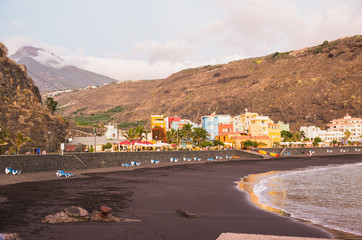 Purto de Tazacorte beach and town at sunset in La Palma