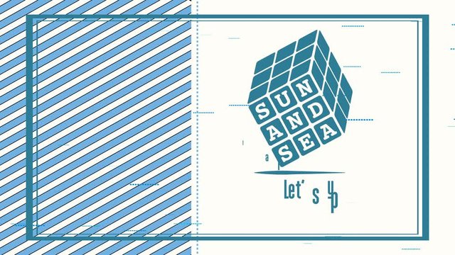sun and sea written on blue rubik cube placed above words lets play creating a shadow and striped layer dividing frame