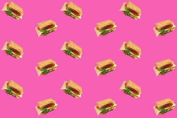 bright pop art, sandwich seamless pattern with cheese, lettuce, tomatoes, cucumbers, sausage, dill and green onions, the concept of a healthy diet, diet, snack at work, at school, student fast food