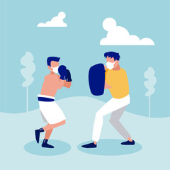 Men with masks boxing at park vector design