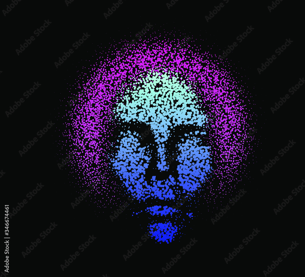 Aufkleber Human head made of partices on dark background. Face made with generative computer art algorithm. Concept of artificial intelligence, identification and recognition systems.