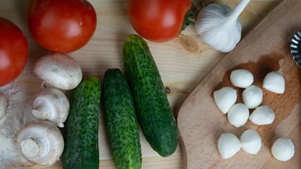 
Food preparation composition, basil, tomatoes, oil, cucumbers, garlic