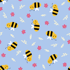 Cute Cartoon Bumblebee with flowers