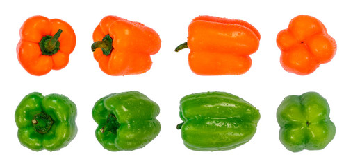 Orange and green bell peppers arranged in two rows with water drops, isolated on white background, front, side and back view. Fresh vegetable, macro photography