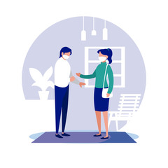 Woman and man couple with masks at home vector design