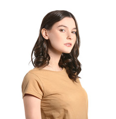 Young woman with beautiful short wavy hair on white background