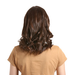 Fototapeta premium Young woman with beautiful short wavy hair on white background