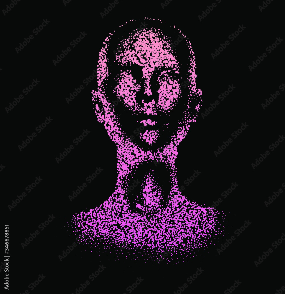 Aufkleber Human head made of partices on dark background. Face made with generative computer art algorithm. Concept of artificial intelligence, identification and recognition systems.