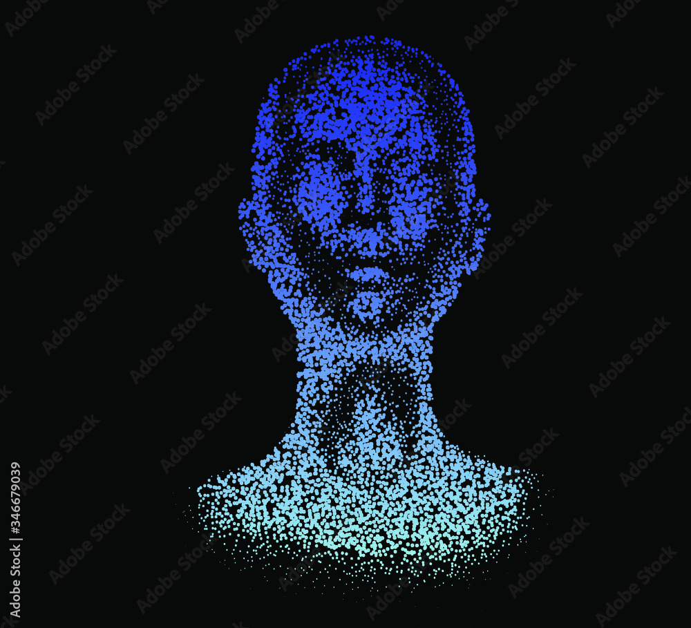 Poster Human head made of partices on dark background. Face made with generative computer art algorithm. Concept of artificial intelligence, identification and recognition systems.