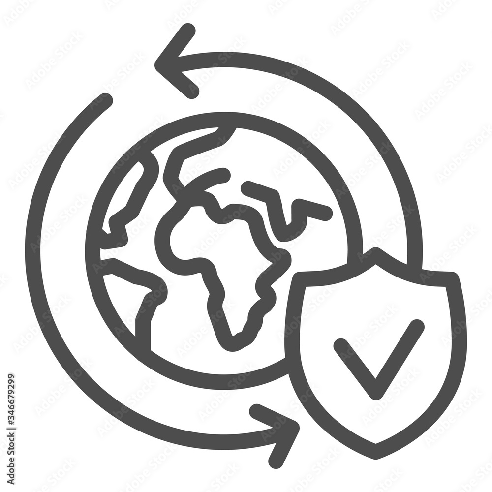 Poster planet with arrows and shield line icon, logistic and delivery symbol, global safety exchange vector