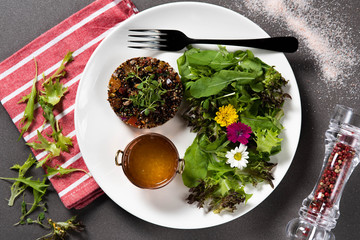 Leaf salad with integrated rice. Vegan food. Top view