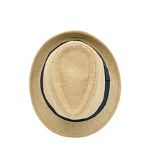 Top view of Straw beach hat fashion summer for men isolated on white background with clipping path. Vintage-style classic light brown color. Beautiful and helps protect the sun.