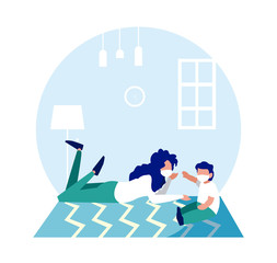 Mother and son with masks at home vector design