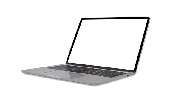 Side view of Open laptop computer. Modern thin edge slim design. Blank white screen display for mockup and gray metal aluminum material body isolated on white background with clipping path.