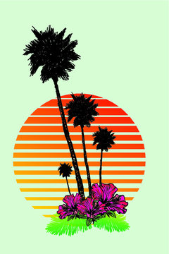 California Sunset and palm trees embroidery graphic design vector art