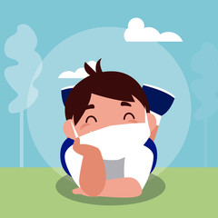 Boy kid cartoon with mask at park vector design