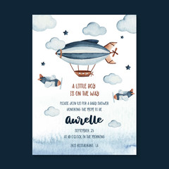 Watercolor baby shower invitation card template with zeppelin and sky scene illustration © R&A Studio