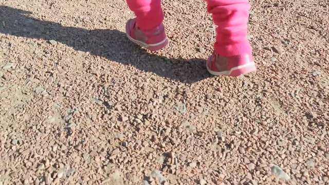 Toddlers legs in pink sneakers walking on pebbles. Back view on childs feet. Baby girl first steps.