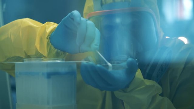 Researcher uses q-tip while working with coronavirus sample.