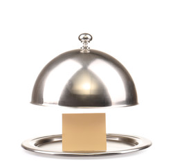 Tray and cloche with blank paper sheet on white background