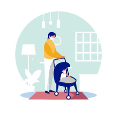 Father and baby with masks at home vector design