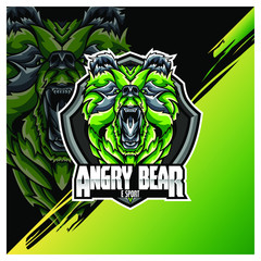 Bear Head Logo Mascot Emblem on shield. college sports teams, e-sport, school logo, tattoo, avatar, print t-shirt. The design of the character of a wild and beast. Vector illustration