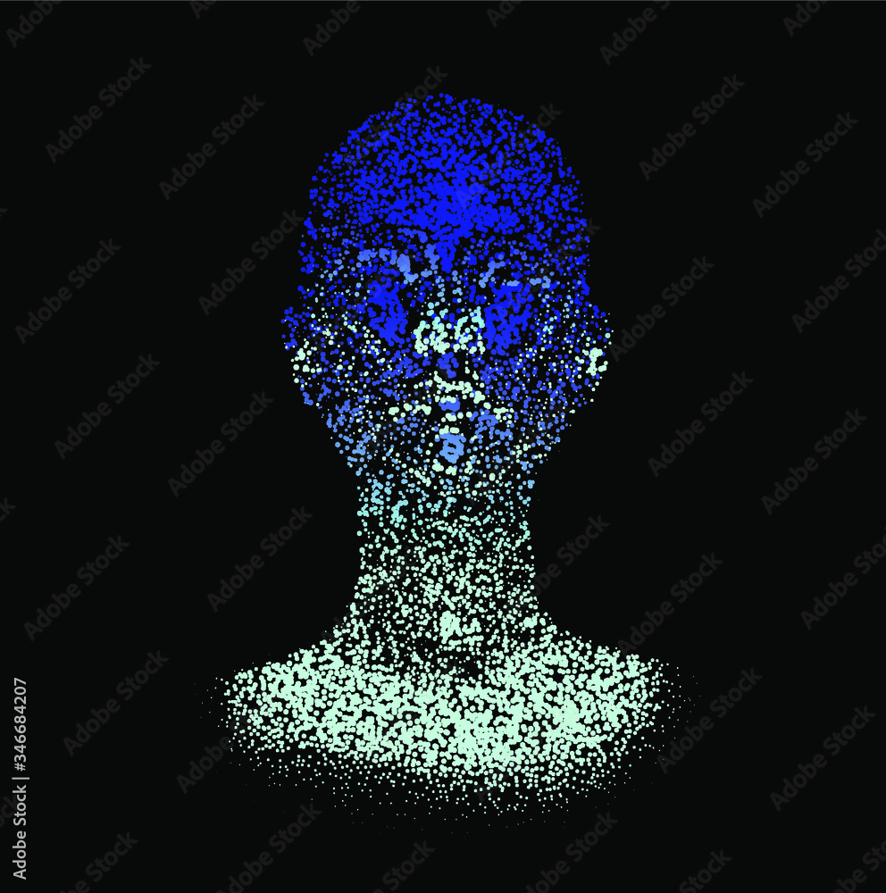 Aufkleber Human head made of partices on dark background. Face made with generative computer art algorithm. Concept of artificial intelligence, Machine learning and neural networks.