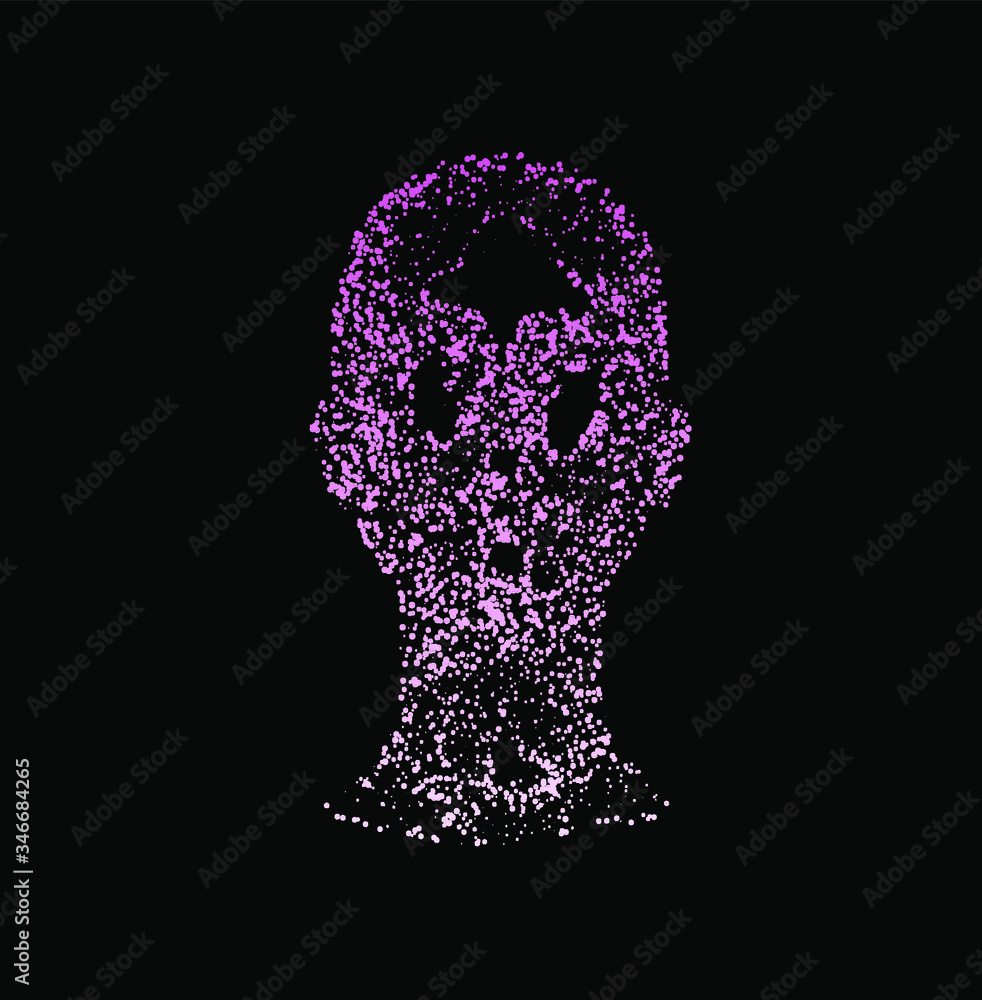Poster Human head made of partices on dark background. Face made with generative computer art algorithm. Concept of artificial intelligence, Machine learning and neural networks.