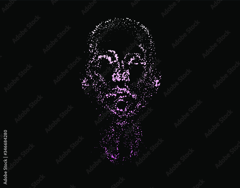 Poster Human head made of partices on dark background. Face made with generative computer art algorithm. Concept of artificial intelligence, Machine learning and neural networks.