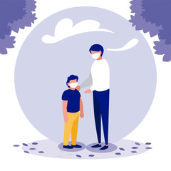 Father and son with masks outside vector design