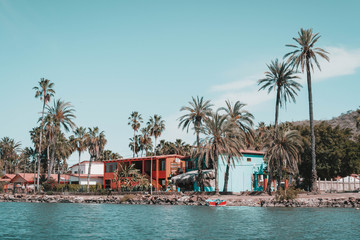 Colorful buildings in the Mulege. Baja California Sur. Mexico. Old lamp.