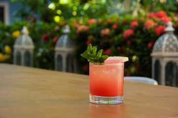 A pink drink with watermelon and mint