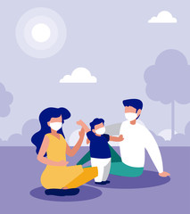 Family with masks at park vector design