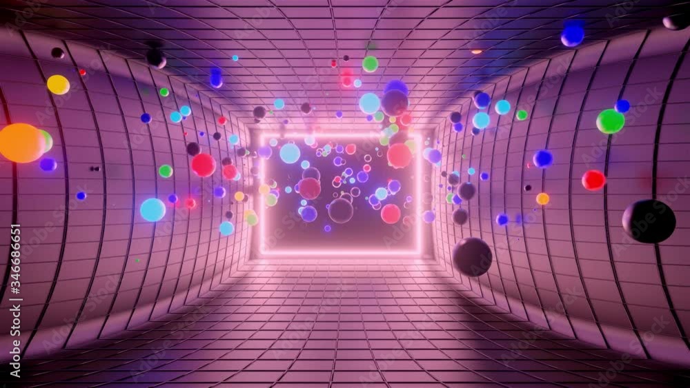 Poster 3d abstract creative animation background with neon glow multi-colored spheres inside camera, reflec