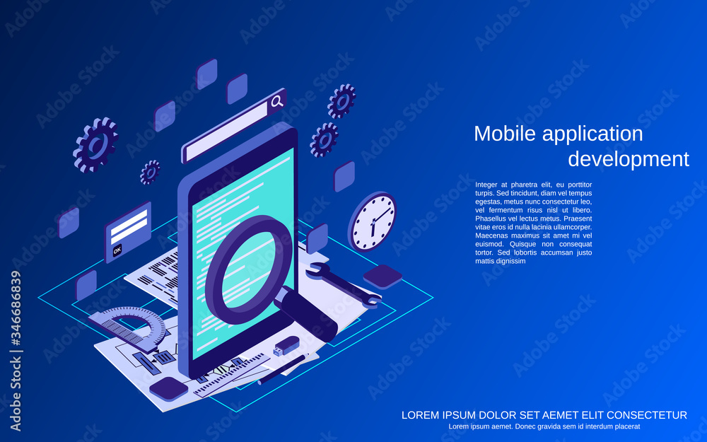 Poster mobile application development, program coding flat 3d isometric vector concept illustration