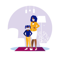 Mother and daughter with masks at home vector design
