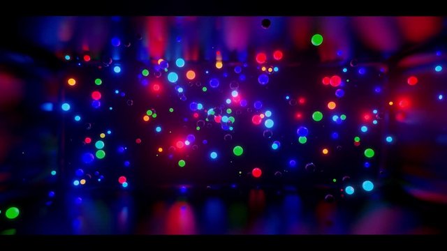 3D abstract creative animation background with neon glow multi-colored spheres inside camera, reflecting walls. Luminous balls fly inside dark chamber. Neon light orbs fly beautifully. 20